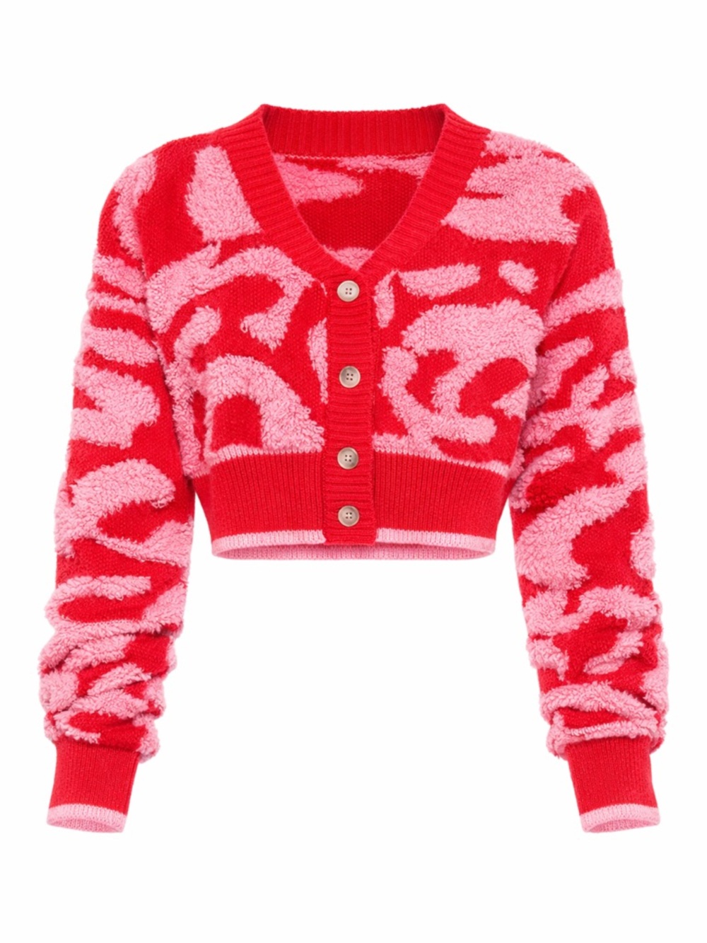 Red and Pink Cropped Button-Up Women's Sweater